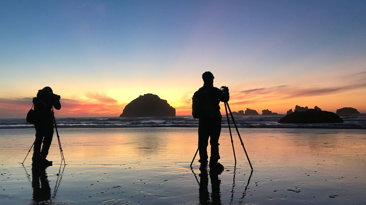 Muench Workshops participants photographing sea stacks at Bandon Beach on the Oregon coast.