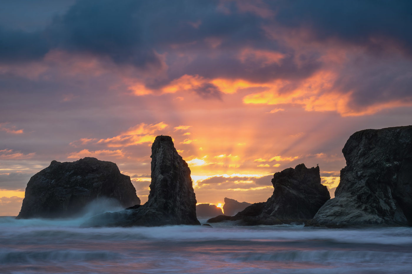 Sunset and sea stacks at Bandon Beach, Oregon.